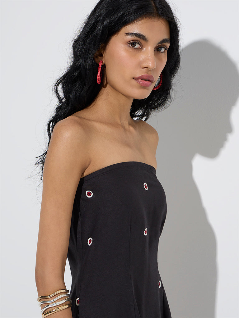 Bombay Paisley Black Embroidered Cotton-Blend Tube Dress