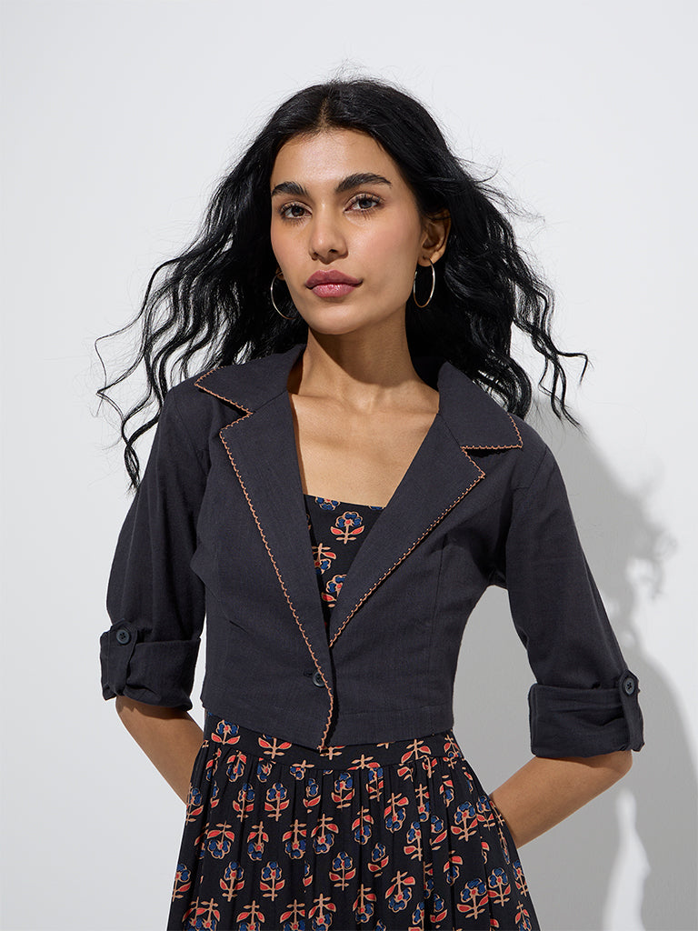 westisde Bombay Paisley Women's Black Floral Tiered Dress with Jacket for Everyday Zoom View