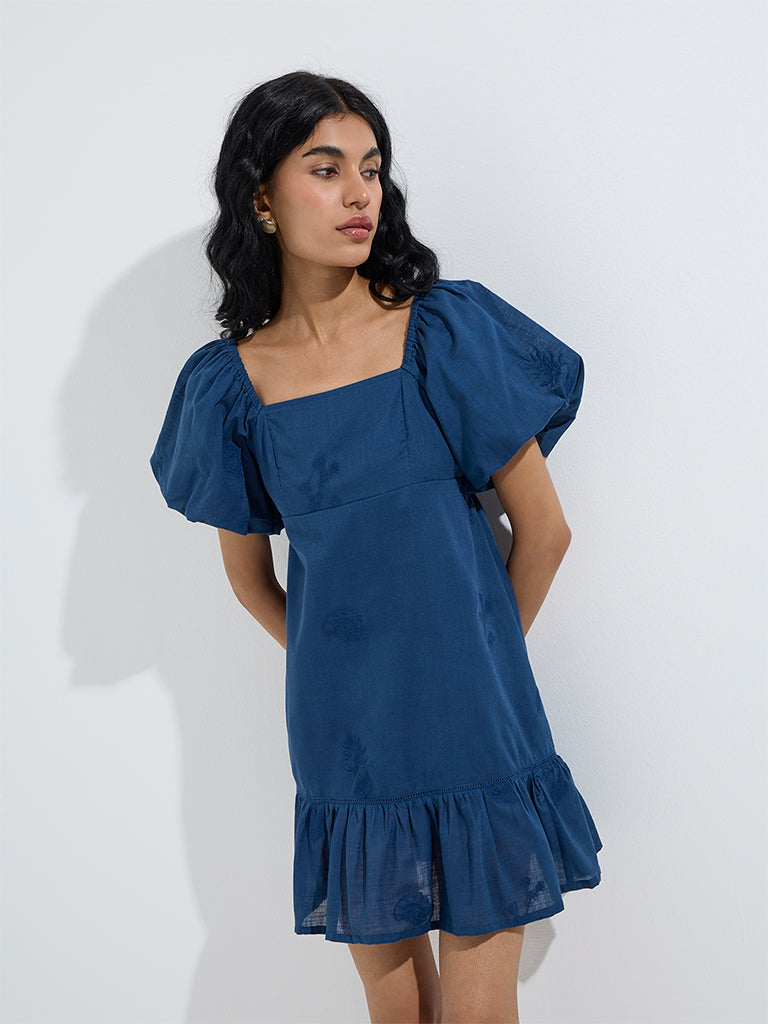 westisde Bombay Paisley Women's Indigo Embroidered A-Line Cotton Dress for Everyday Front View