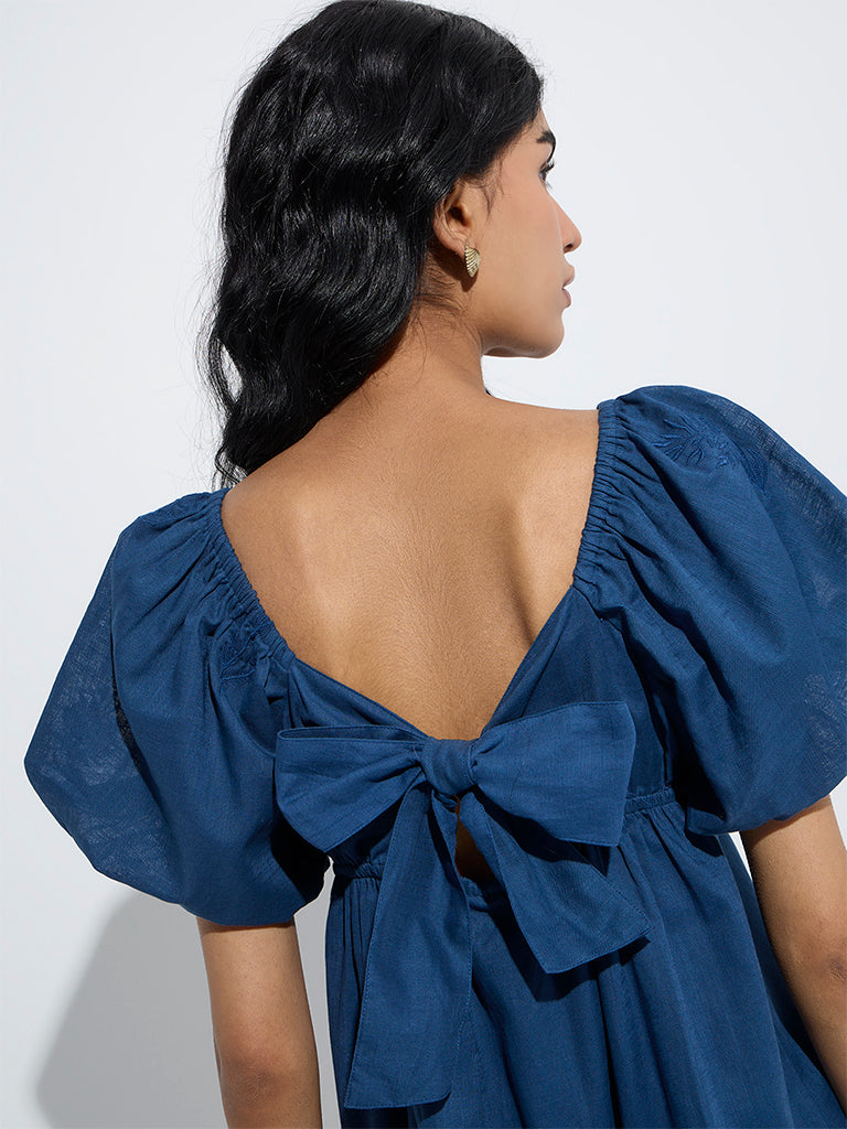 westisde Bombay Paisley Women's Indigo Embroidered A-Line Cotton Dress for Everyday Zoom View