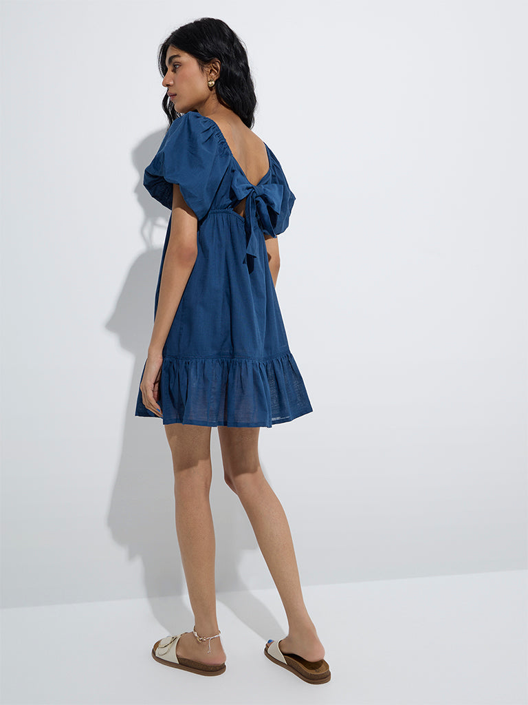 westisde Bombay Paisley Women's Indigo Embroidered A-Line Cotton Dress for Everyday Back View