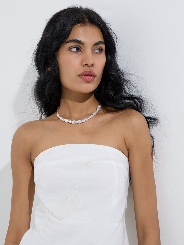 Bombay Paisley White Embroidered Cotton Tube Dress