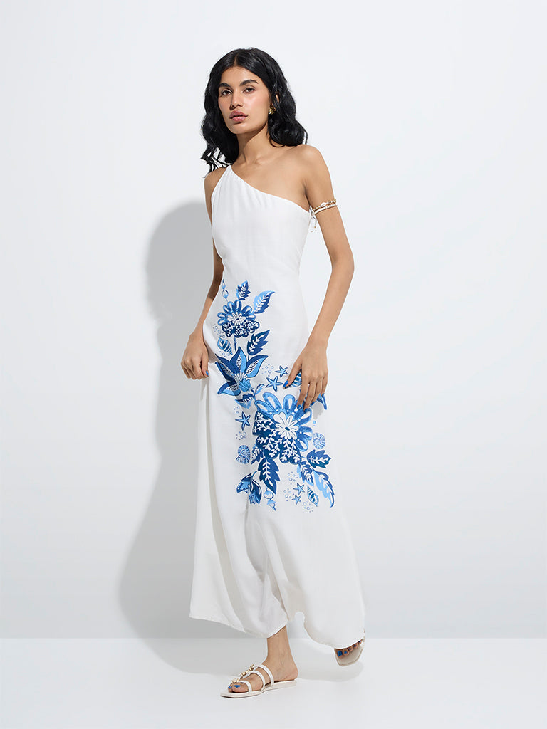 westisde Bombay Paisley Women's Off-White Floral Printed One-Shoulder Dress for Everyday Front View