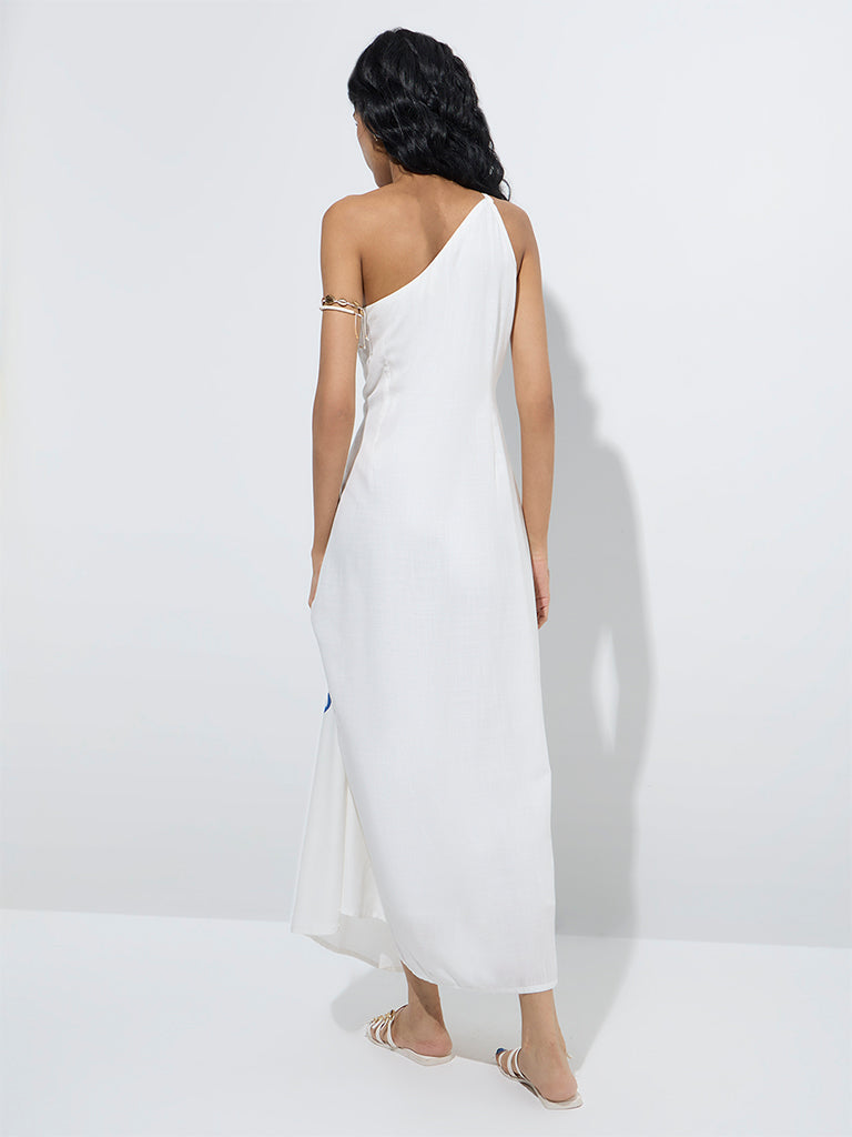 westisde Bombay Paisley Women's Off-White Floral Printed One-Shoulder Dress for Everyday Back View