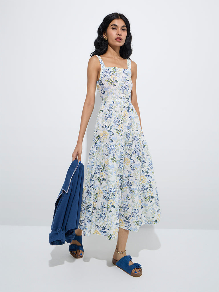 Bombay Paisley Blue Floral Tiered Cotton Dress with Jacket