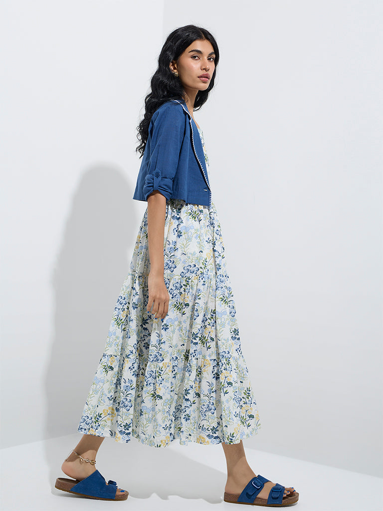 Bombay Paisley Blue Floral Tiered Cotton Dress with Jacket