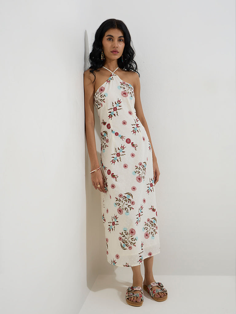 Bombay Paisley Off-White Floral Cotton A-Line Dress