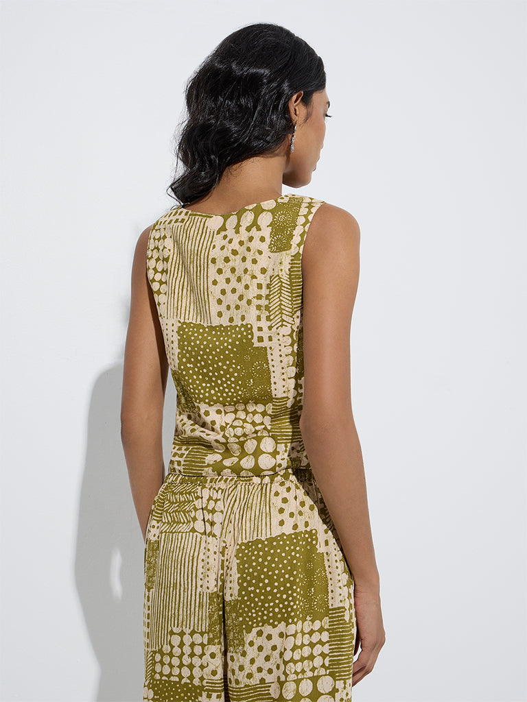 westisde Utsa Women's Olive Patchwork Design Ethnic Vest Top for Everyday Back View