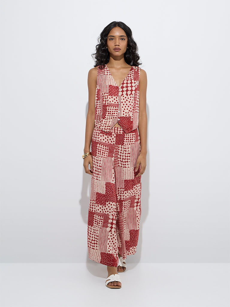 westisde Utsa Women's Red Patchwork Design Ethnic Vest Top for Everyday Full Model View