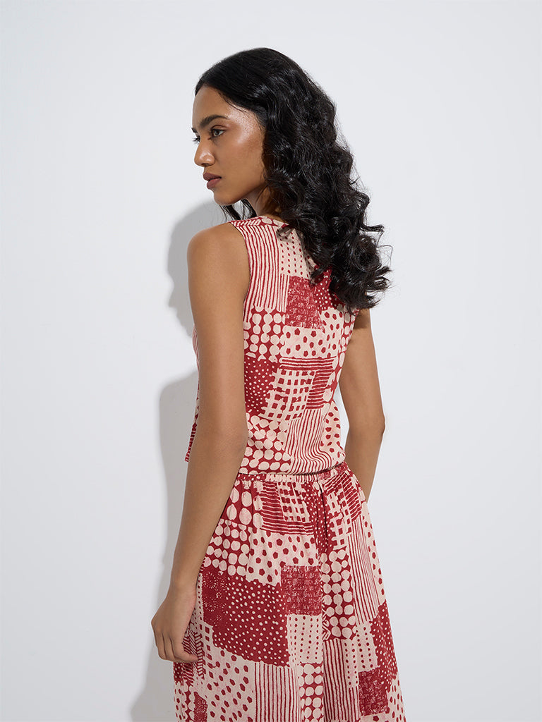 westisde Utsa Women's Red Patchwork Design Ethnic Vest Top for Everyday Back View