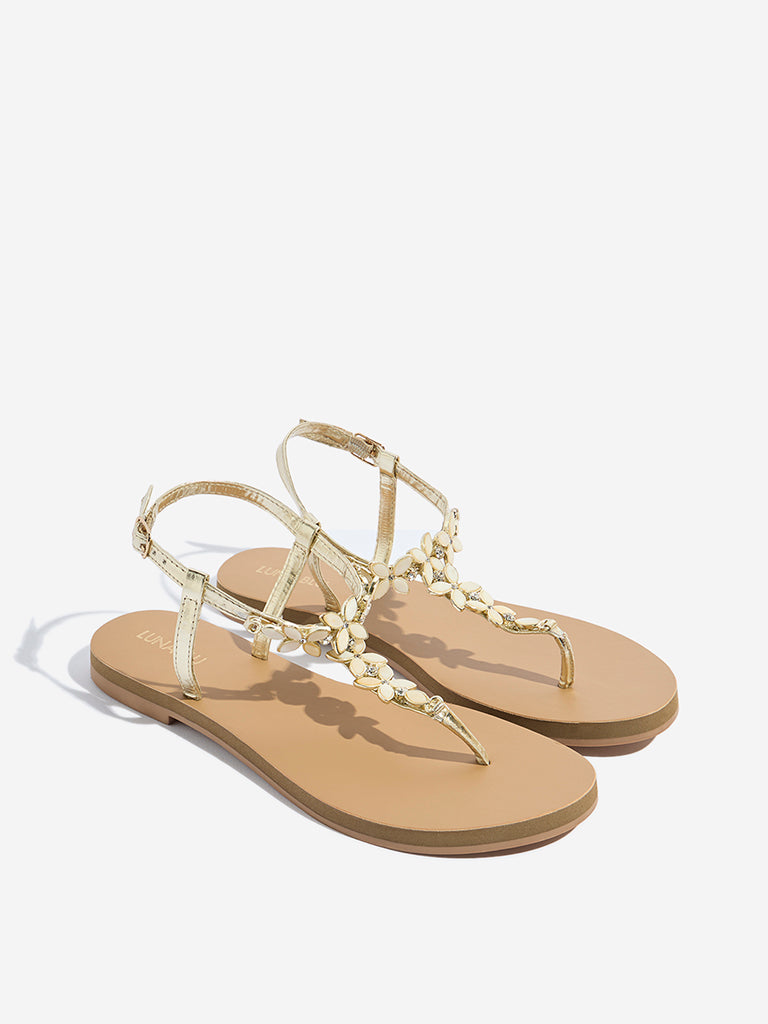 Westside LUNA BLU Women's Gold Embellished T-Strap Sandals Front View
