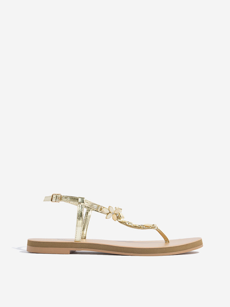 Westside LUNA BLU Women's Gold Embellished T-Strap Sandals Side View