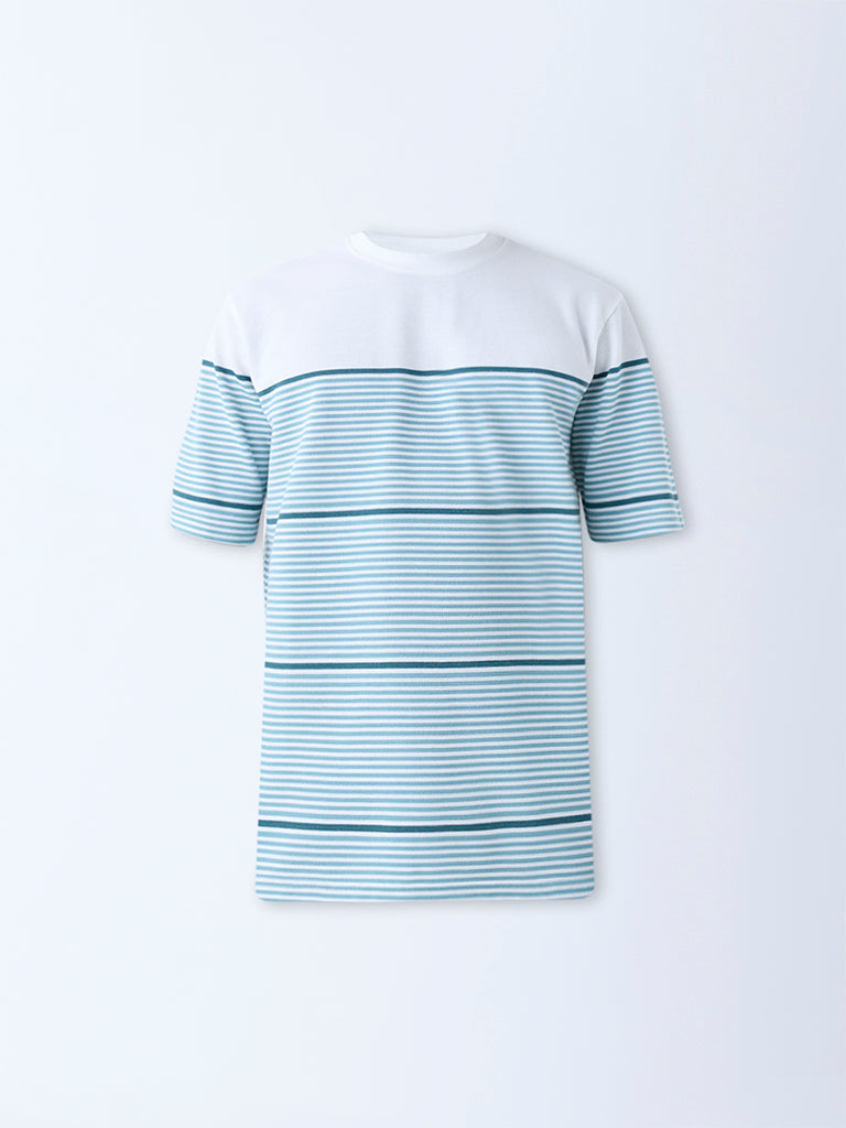 Westside WES Lounge Men's Turquoise Relaxed-Fit Cotton-Blend T-Shirt for Casual Wear Flatly