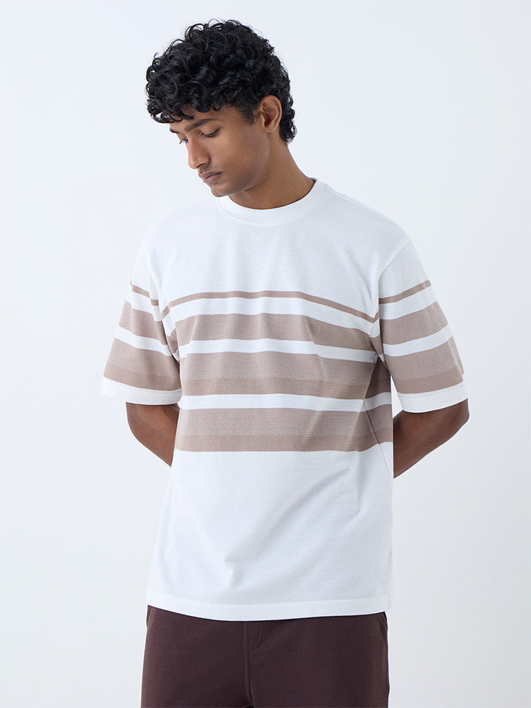 Westside WES Lounge Men's Brown Striped Relaxed-Fit Cotton-Blend T-Shirt for Casual Wear Full View