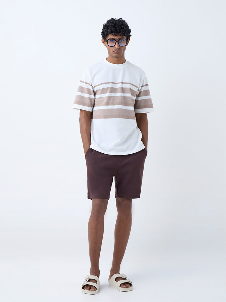 Westside WES Lounge Men's Brown Striped Relaxed-Fit Cotton-Blend T-Shirt for Casual Wear Front View