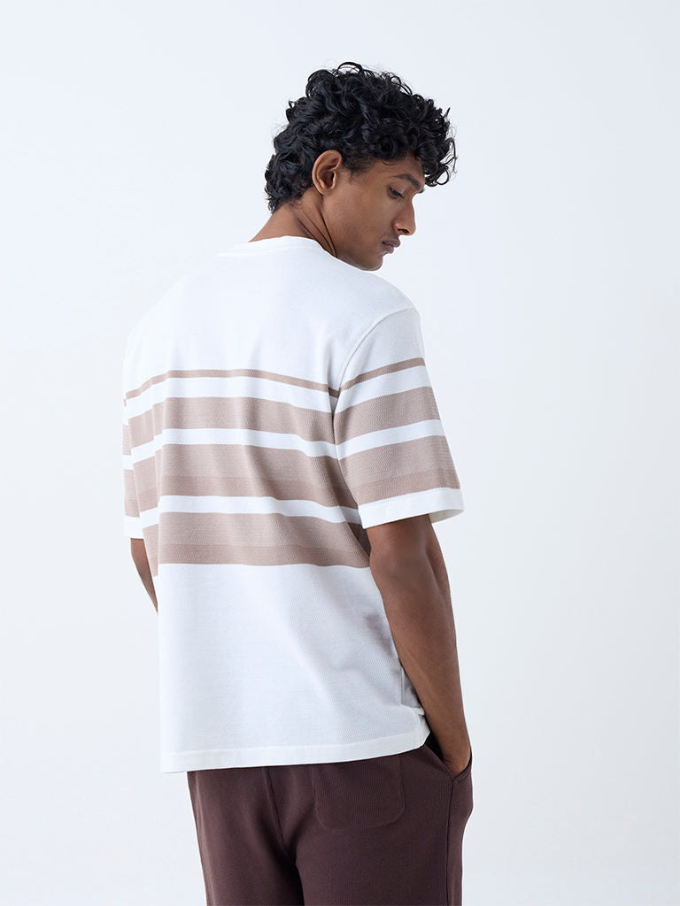 Westside WES Lounge Men's Brown Striped Relaxed-Fit Cotton-Blend T-Shirt for Casual Wear Back View