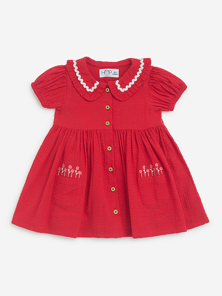 westisde HOP Baby Girls' Red Seersucker Striped Cotton A-Line Dress for Casual Wear Front View