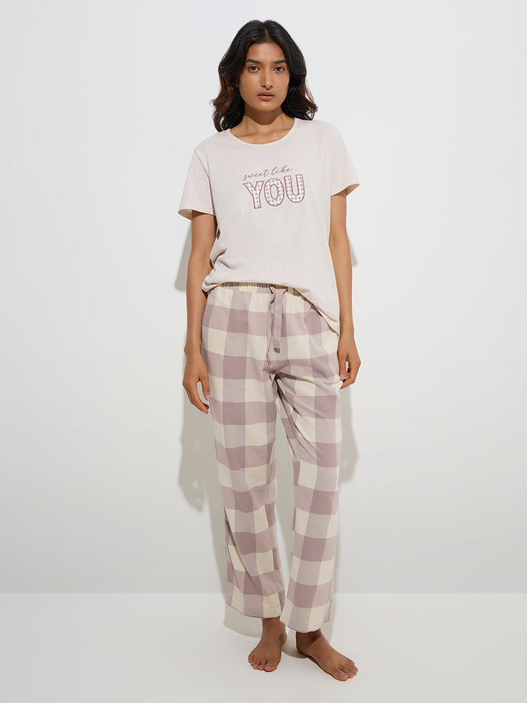 Wunderlove Mauve Checkered High-Rise Cotton Lounge Pyjamas