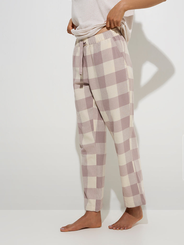 Wunderlove Mauve Checkered High-Rise Cotton Lounge Pyjamas
