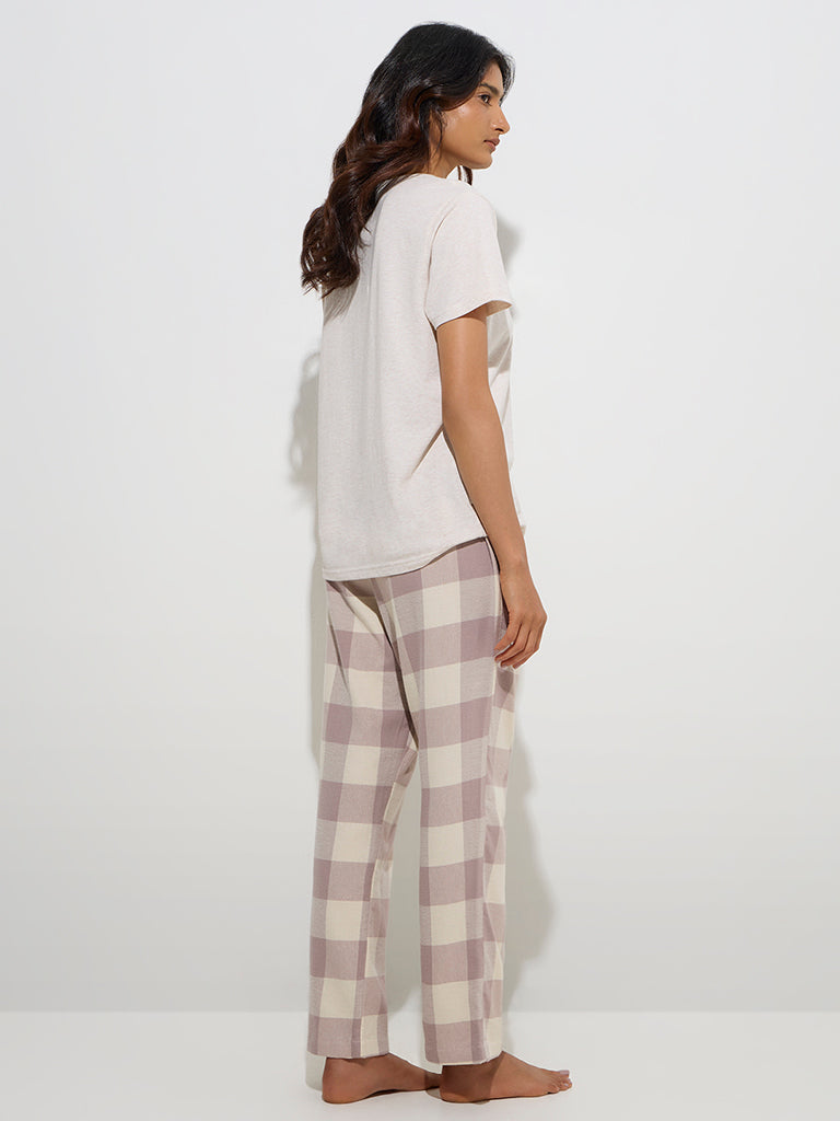 Wunderlove Mauve Checkered High-Rise Cotton Lounge Pyjamas