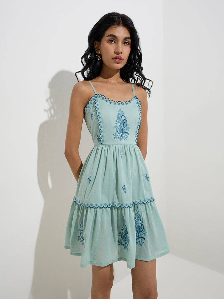 Bombay Paisley Green Embroidered Cotton Tiered Dress