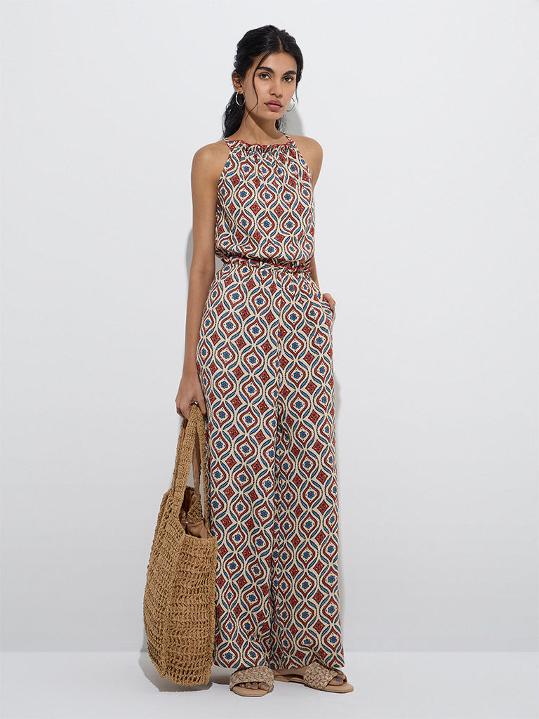 westisde Bombay Paisley Women's Red Printed Cotton Jumpsuit for Everyday Full Model View