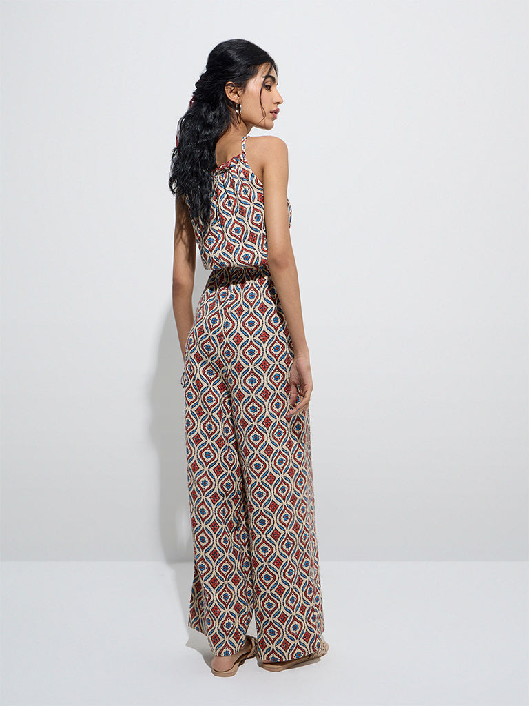 westisde Bombay Paisley Women's Red Printed Cotton Jumpsuit for Everyday Back View