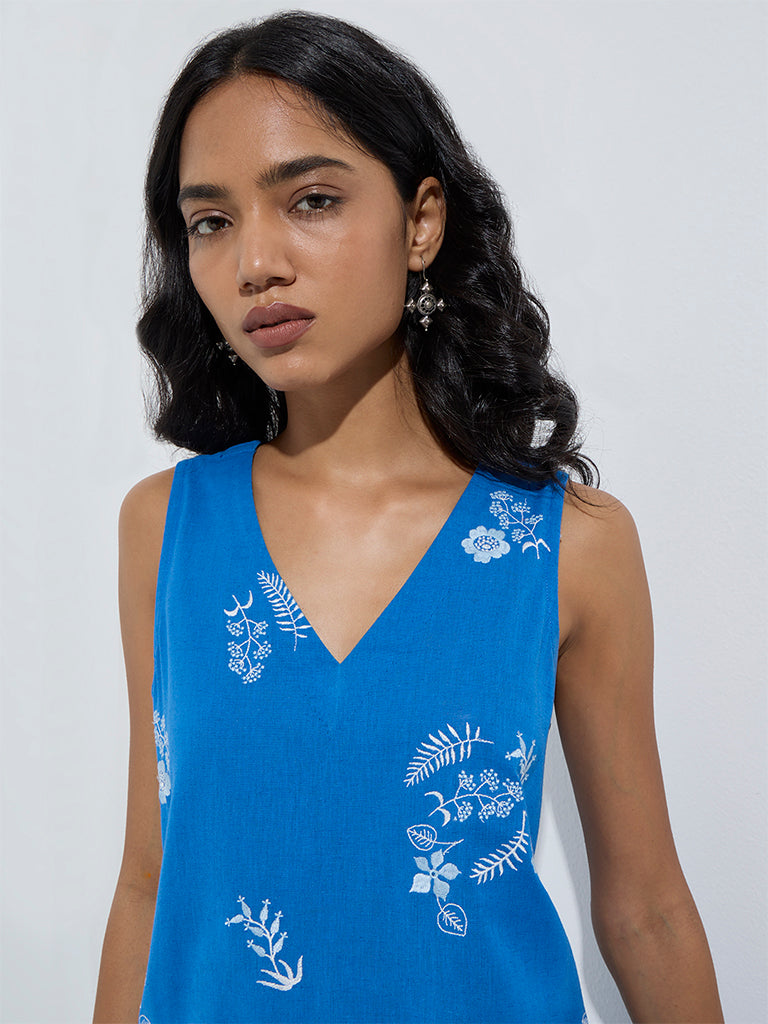 Utsa Blue Floral Design A-Line Cotton-Blend Kurta