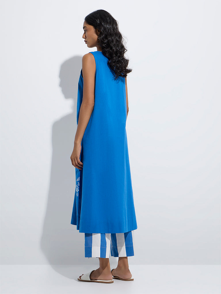 Utsa Blue Floral Design A-Line Cotton-Blend Kurta