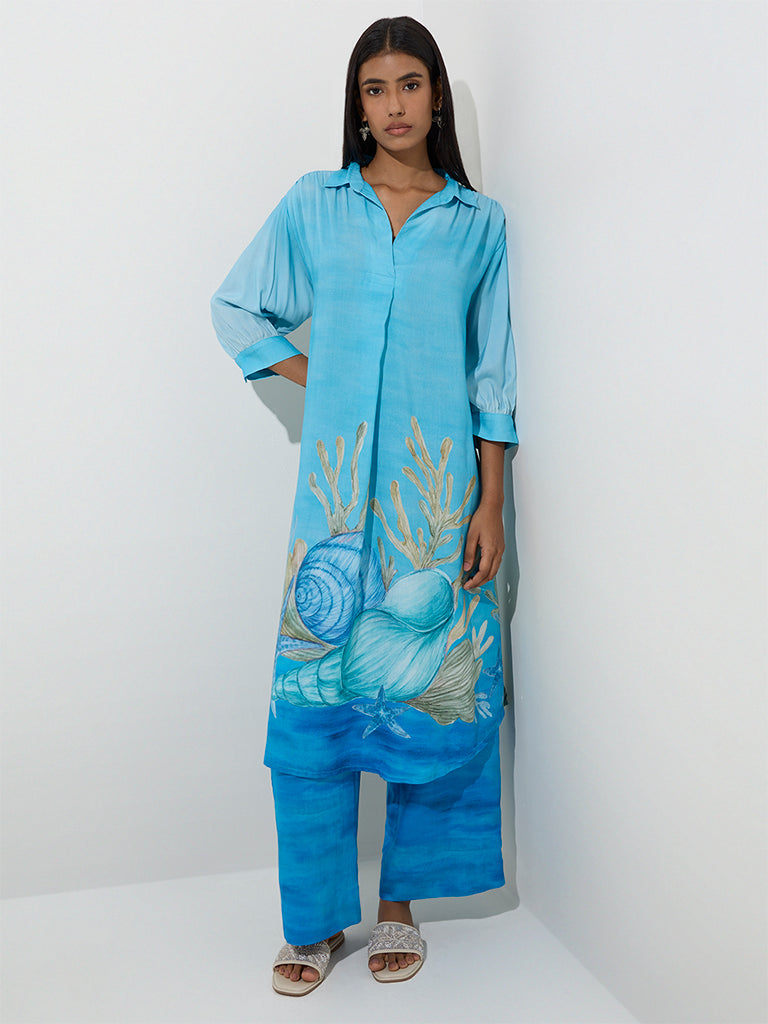 Utsa Cerulean Blue Seashell Design High-Low Kurta