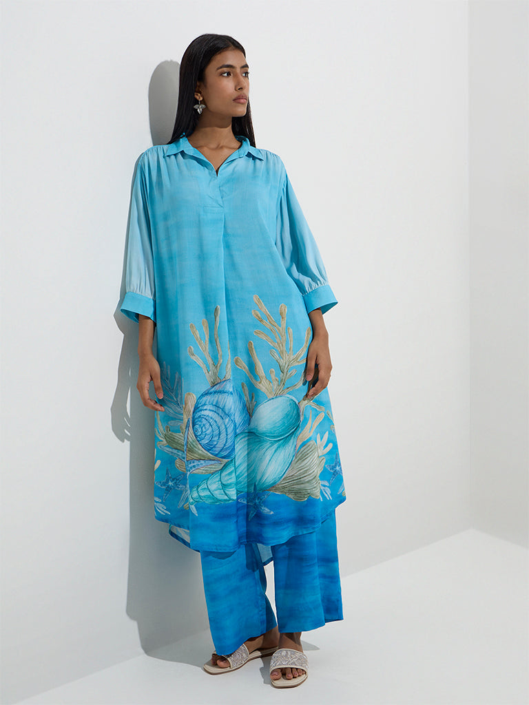 Utsa Cerulean Blue Seashell Design High-Low Kurta