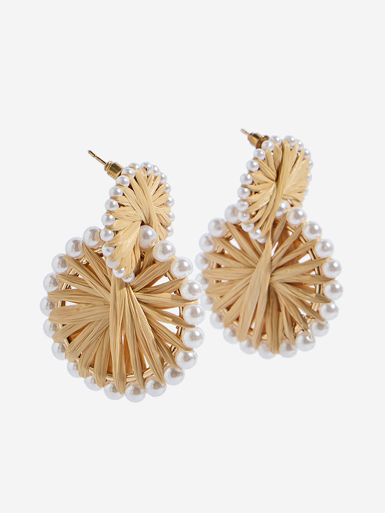Westside Accessories Beige Intertwined Raffia Pearl Earrings