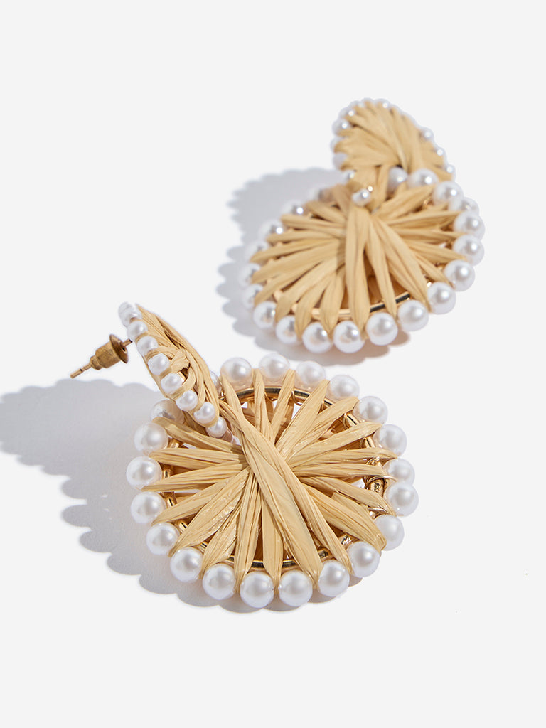 Westside Accessories Beige Intertwined Raffia Pearl Earrings