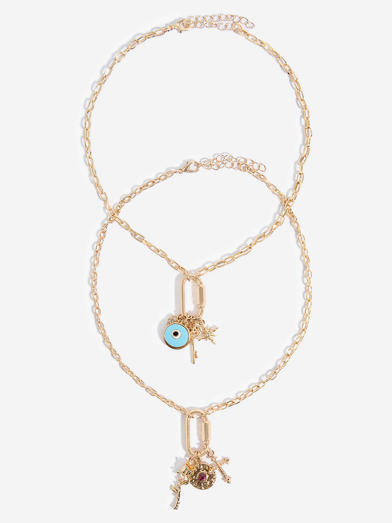 Westside Accessories Gold Multi Charm 2-Layer Necklace Set - Pack of 2