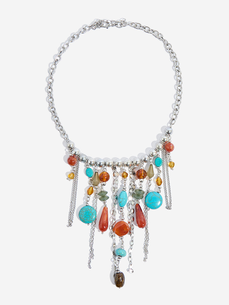 Westside Accessories Silver Multi Stones and Chains Lines Necklace