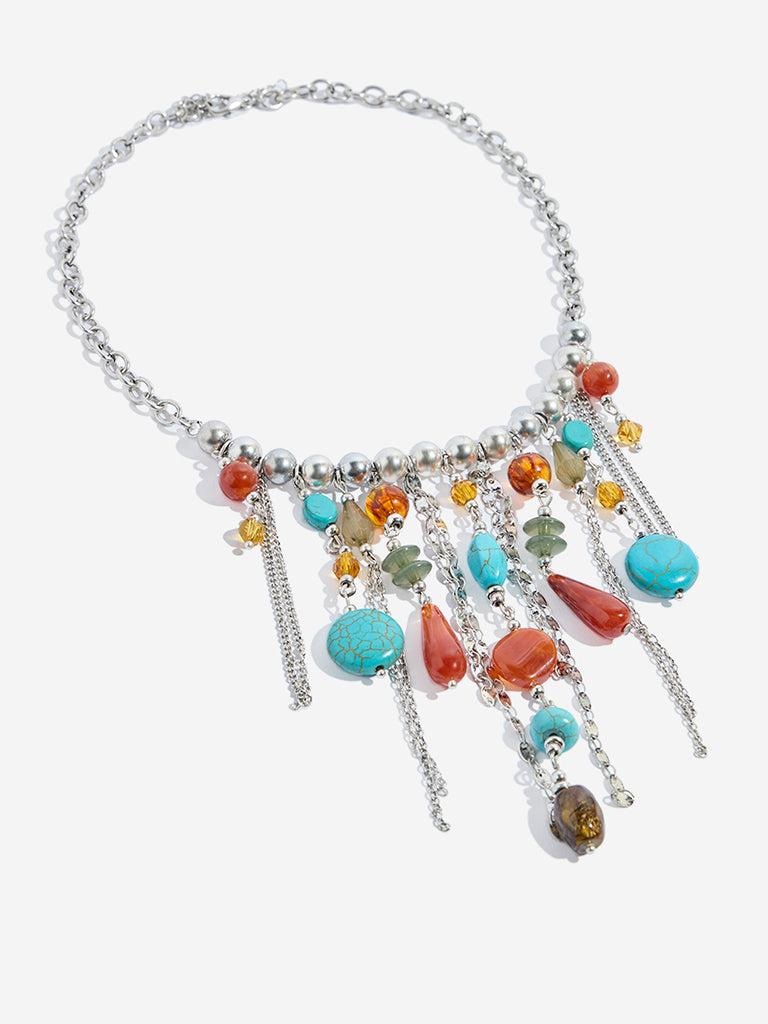 Westside Accessories Silver Multi Stones and Chains Lines Necklace