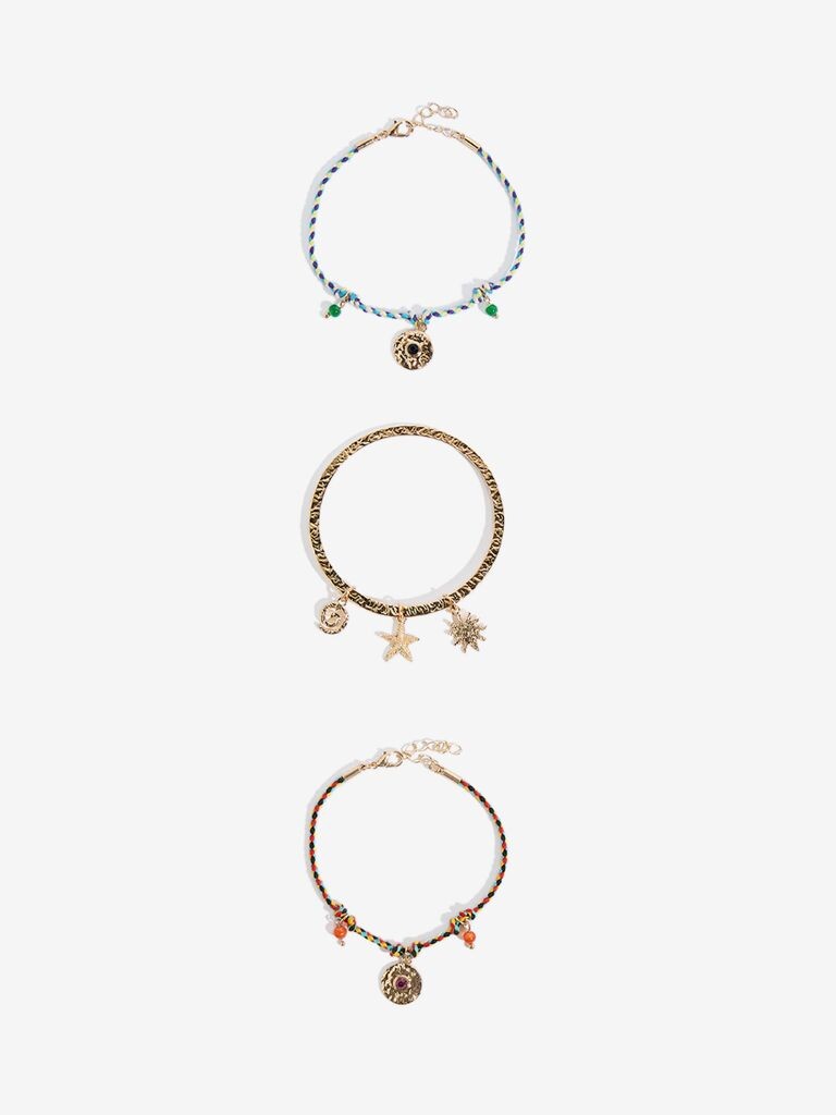 Westside Accessories Gold Multi Charm Cord and Bracelet Set - Pack of 3