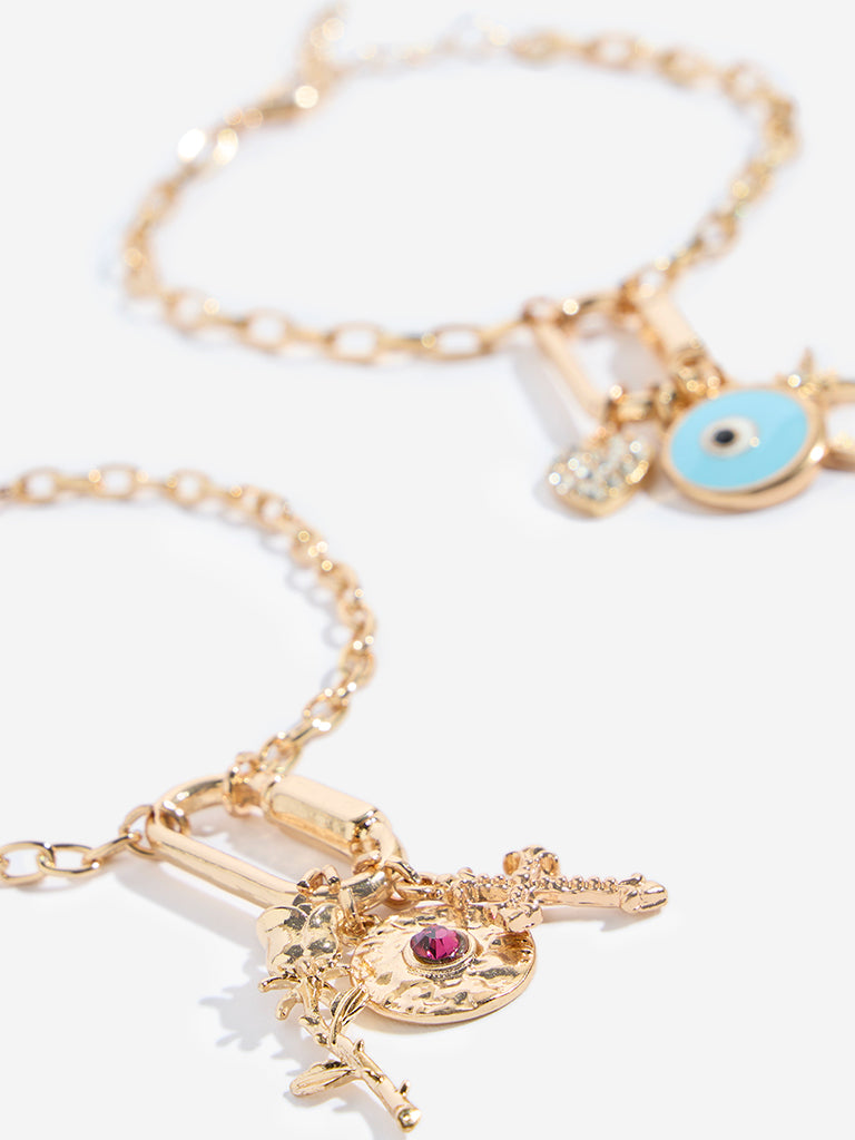 Westside Accessories Gold Multi Charm Chain Bracelet Set - Pack of 2