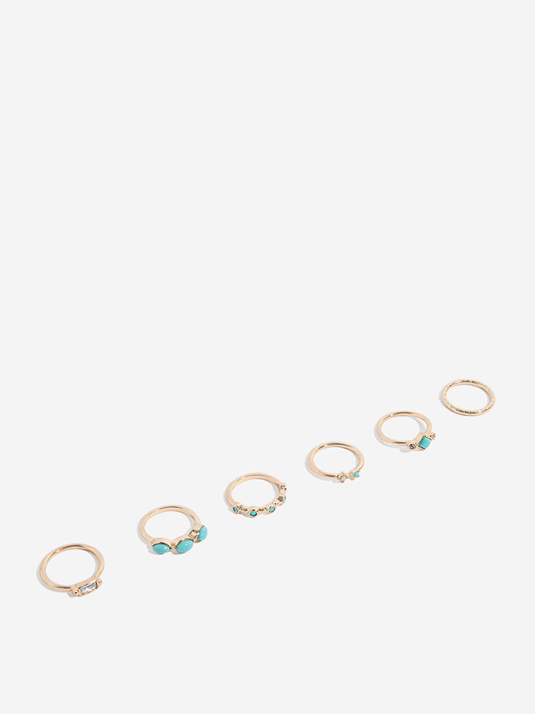 Westside Accessories Blue Gemstones-Plain-Textured Rings Set - Pack of 6