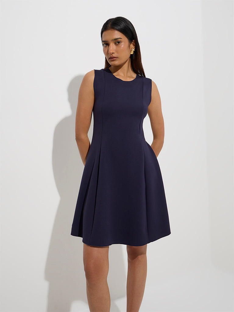Wardrobe Navy Solid A-Line Dress