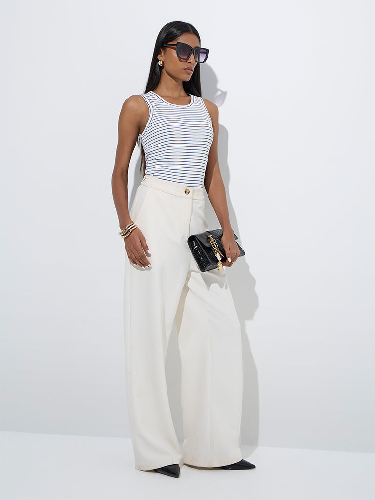 westisde Wardrobe Women's White Striped Top for Work Wear Full Model View