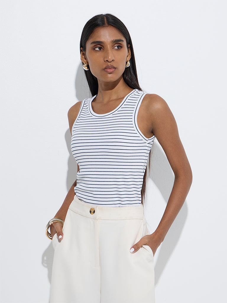 westisde Wardrobe Women's White Striped Top for Work Wear Front View