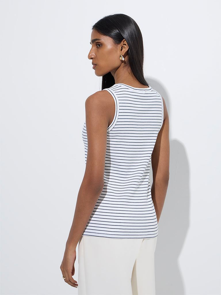westisde Wardrobe Women's White Striped Top for Work Wear Back View