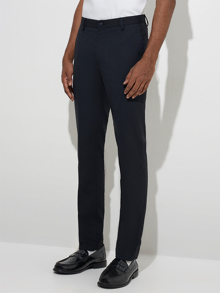 WES Formals Navy Ultra-Slim Fit Mid-Rise Trousers