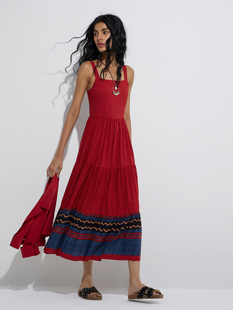 Bombay Paisley Red Polka Dotted Tiered Dress with Jacket