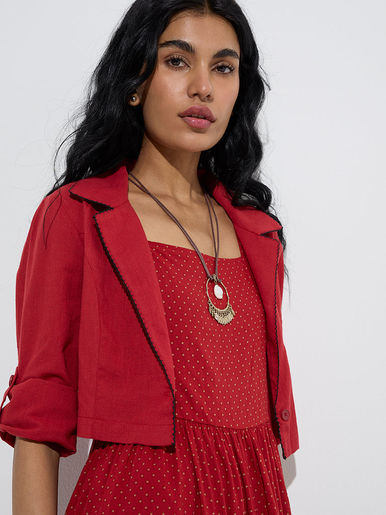 Bombay Paisley Red Polka Dotted Tiered Dress with Jacket