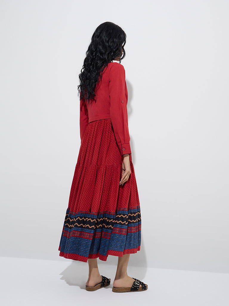 Bombay Paisley Red Polka Dotted Tiered Dress with Jacket
