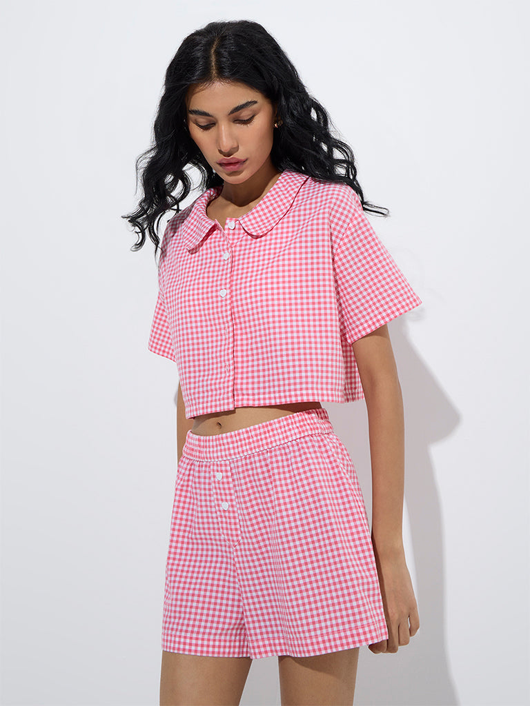 westisde Superstar Women's Pink Gingham Checkered Cotton Shirt for Casual Wear Front View