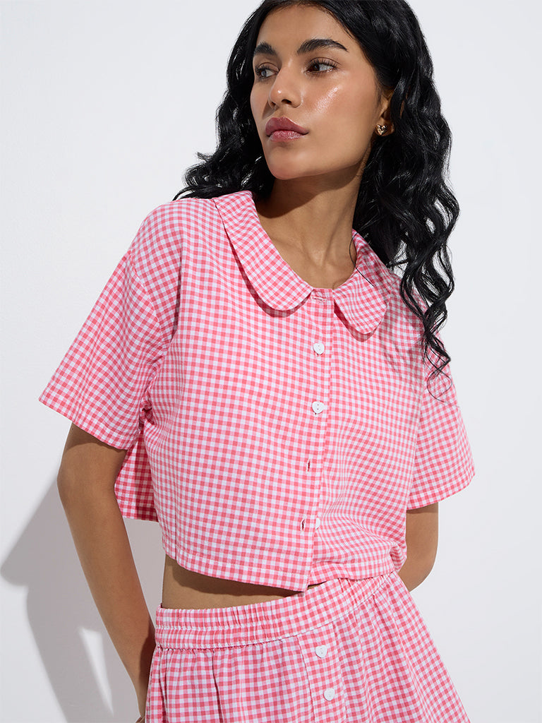 westisde Superstar Women's Pink Gingham Checkered Cotton Shirt for Casual Wear Zoom View
