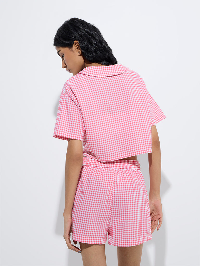 westisde Superstar Women's Pink Gingham Checkered Cotton Shirt for Casual Wear Back View